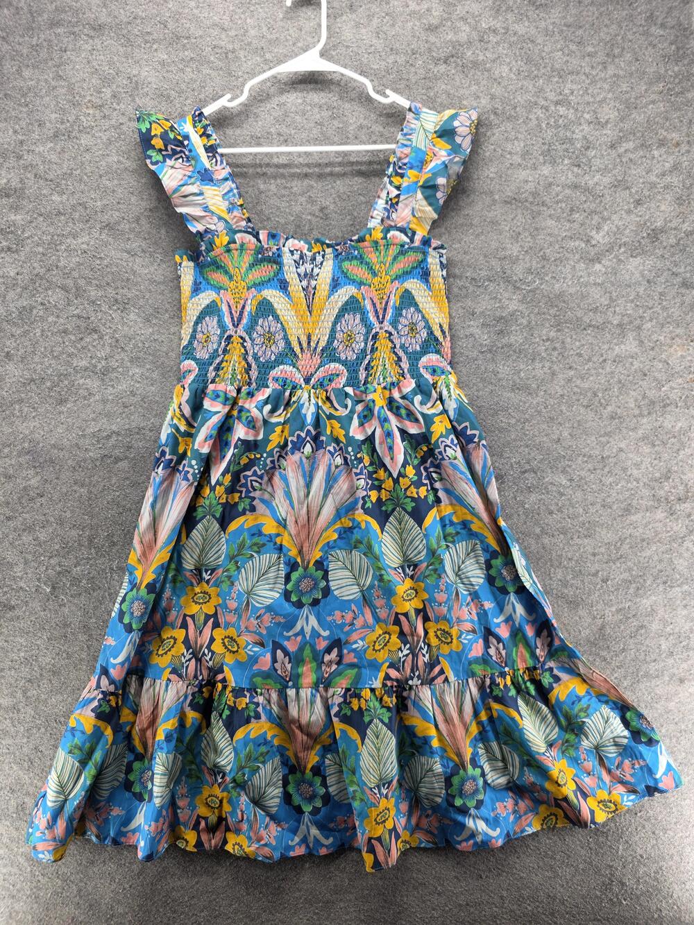 Nanette Lepore Dress Womens XL Blue Smocked Fit & Flare Midi Ruffle Cotton